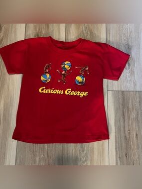 Out of Print Red Curious George Tee with Yellow Text